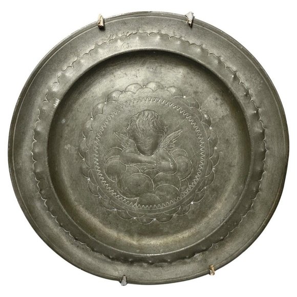Antique Pewter Plate Engraved Boy Angel Signed M.M. 1863 Antique Victorian Plate